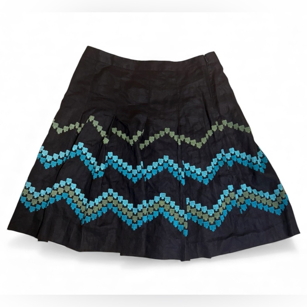 Ann Taylor Loft Embroidered 100% Linen Pleated Flare Preppy Skirt Brown/Blue 14